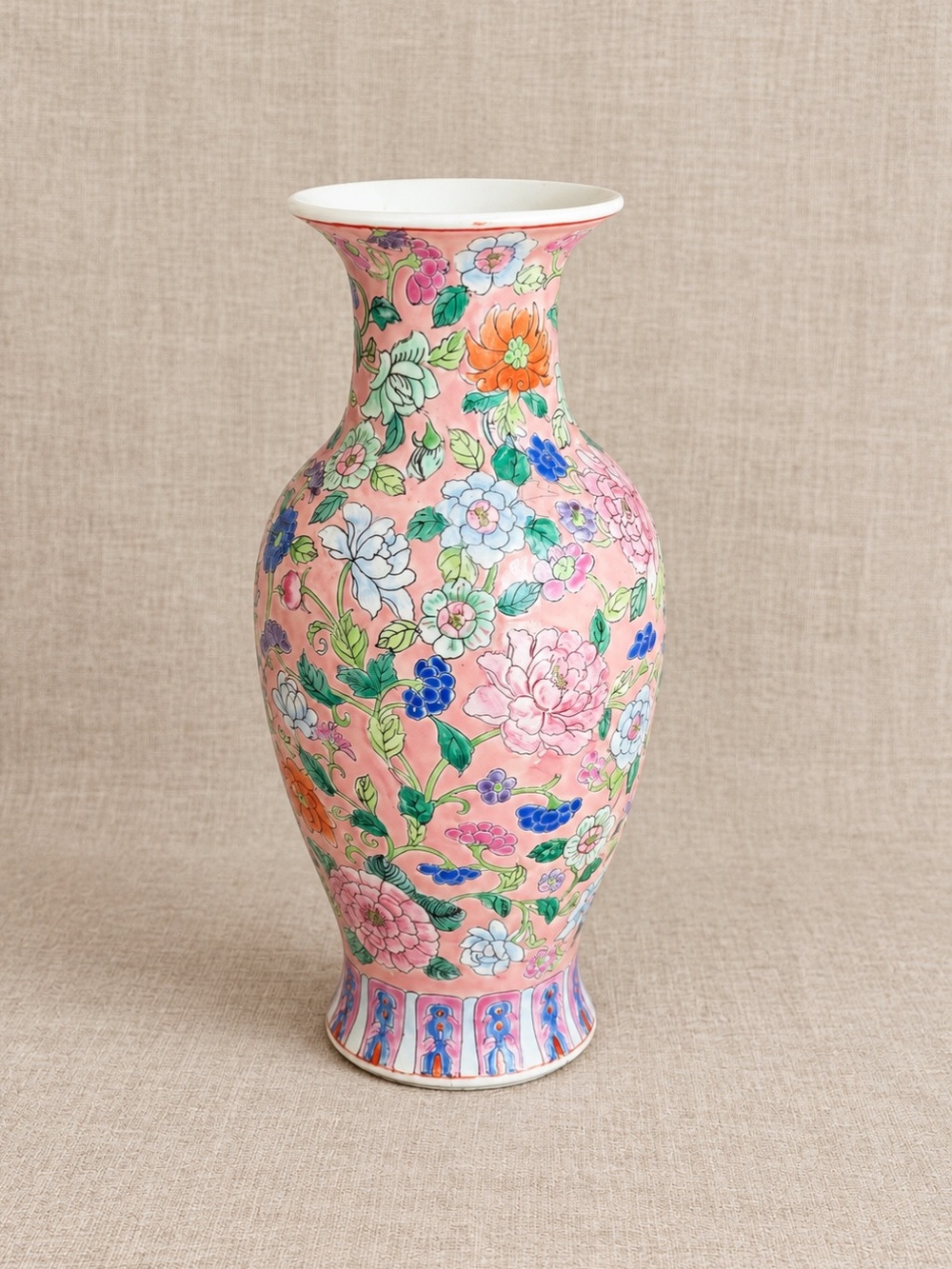 Vintage Chinese Famille Rose Millefleurs Pink Porcelain Vase 12”